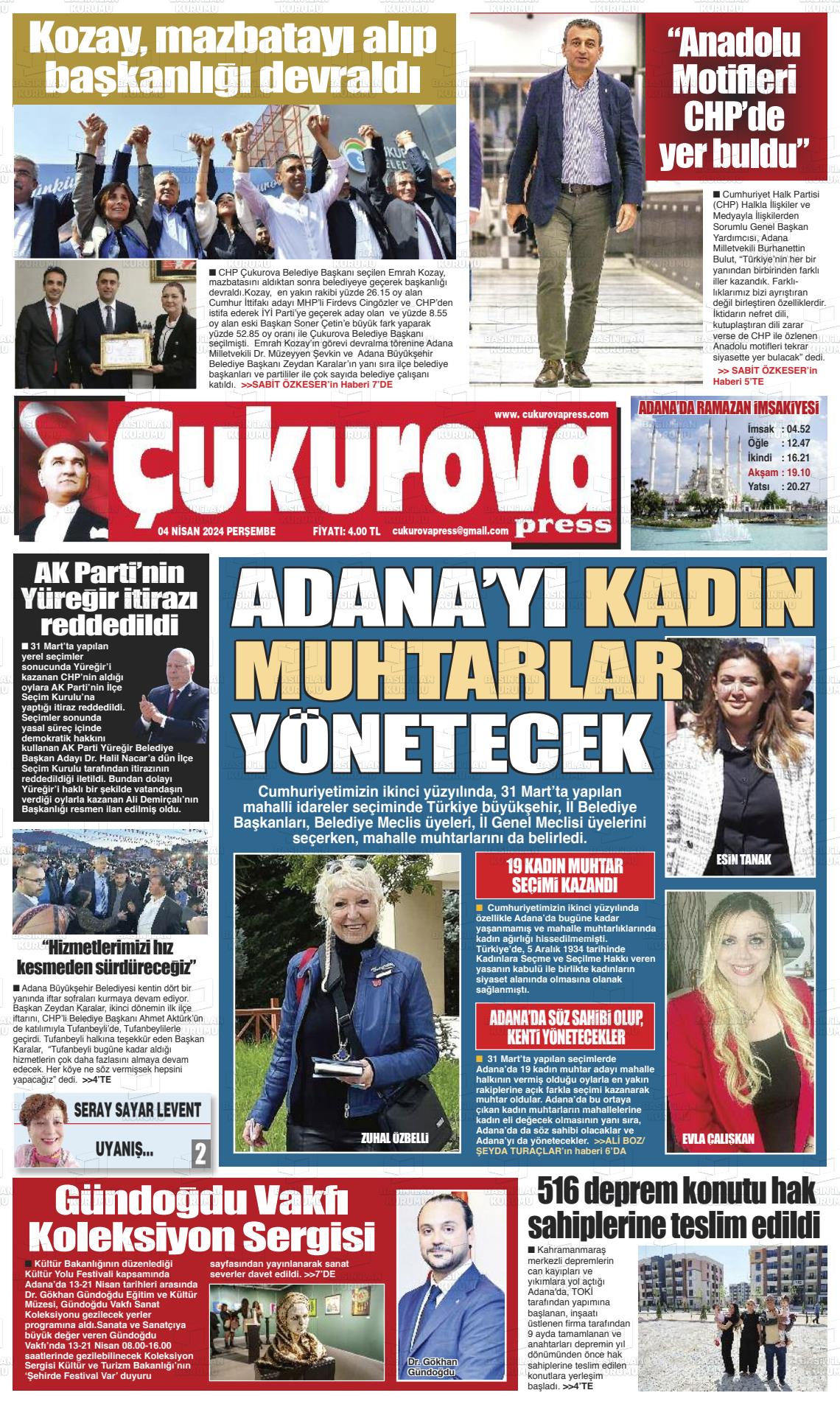 04 Nisan 2024 Çukurova Press Gazete Manşeti