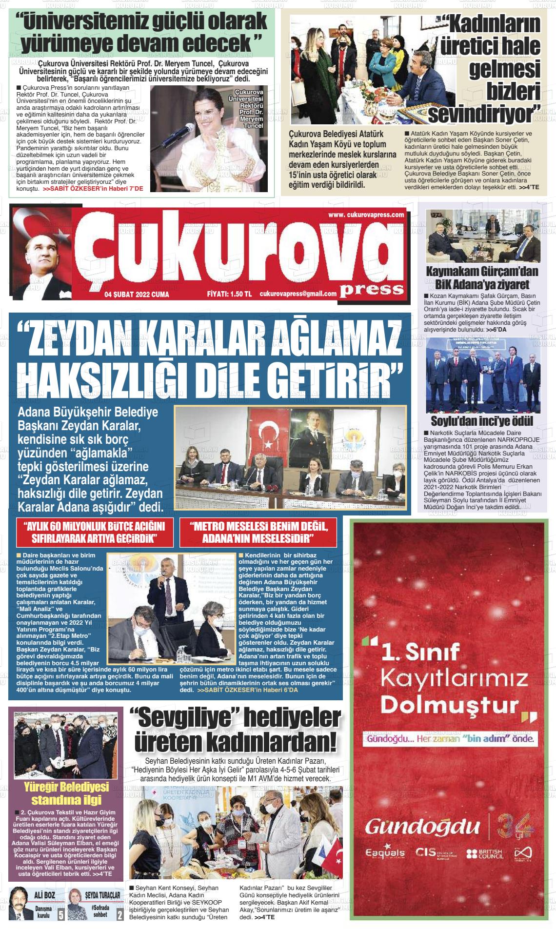 04 Şubat 2022 Çukurova Press Gazete Manşeti