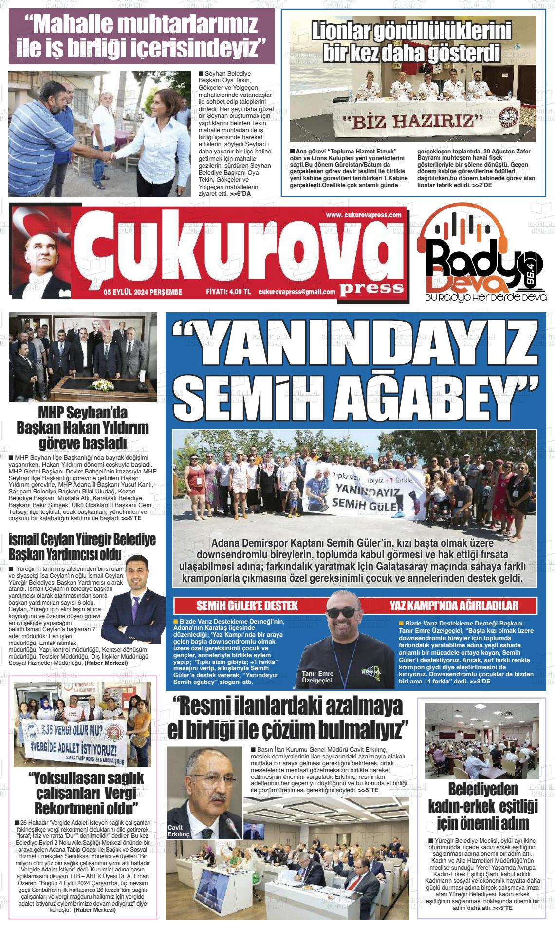 05 Eylül 2024 Çukurova Press Gazete Manşeti