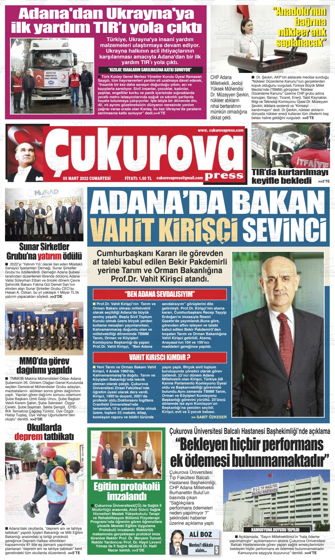 05 Mart 2022 Çukurova Press Gazete Manşeti