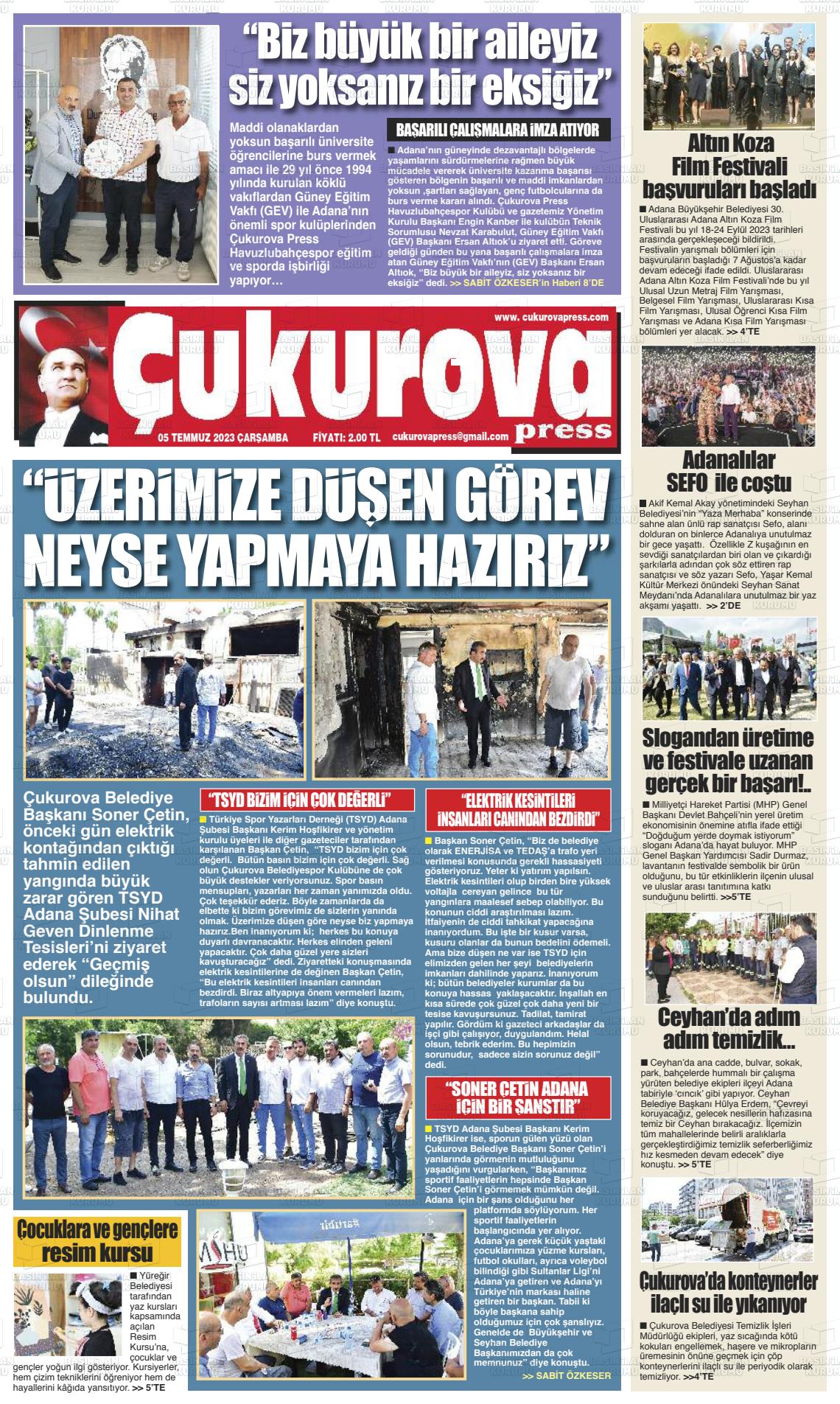 05 Temmuz 2023 Çukurova Press Gazete Manşeti