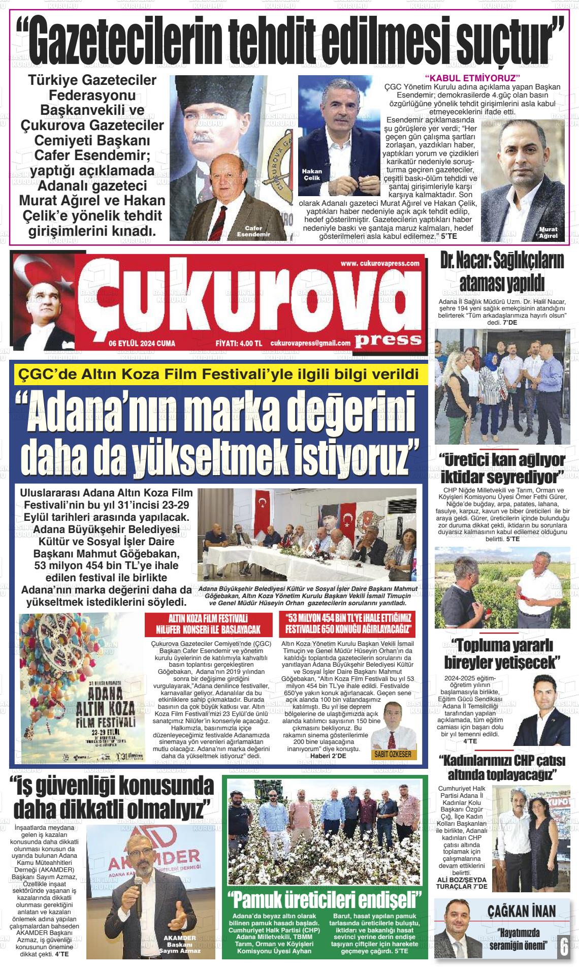 06 Eylül 2024 Çukurova Press Gazete Manşeti