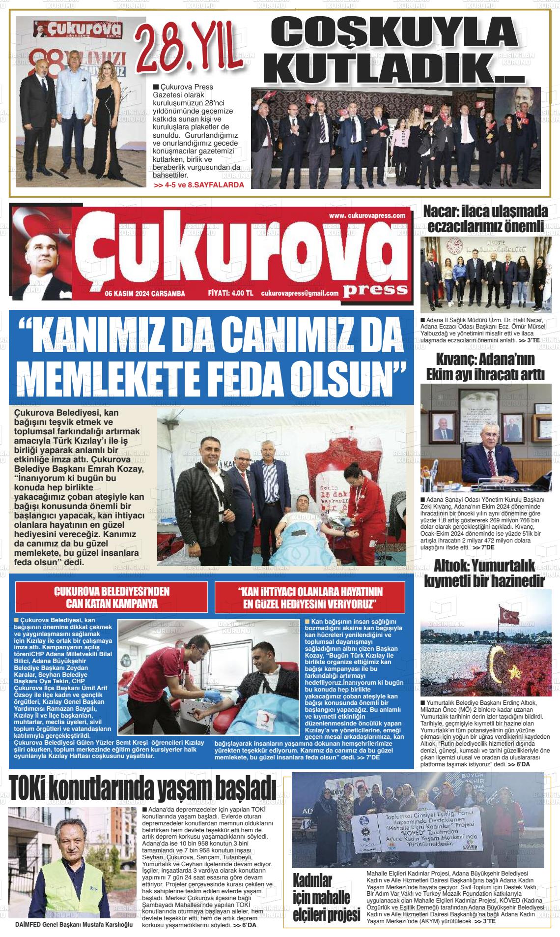 06 Kasım 2024 Çukurova Press Gazete Manşeti