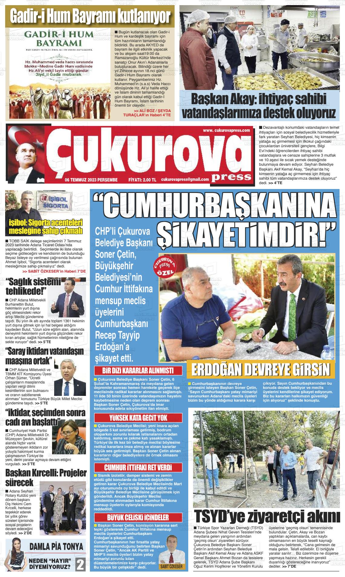 06 Temmuz 2023 Çukurova Press Gazete Manşeti