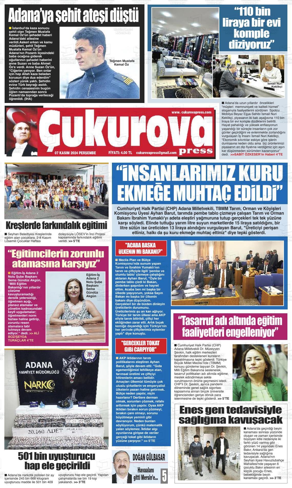 07 Kasım 2024 Çukurova Press Gazete Manşeti