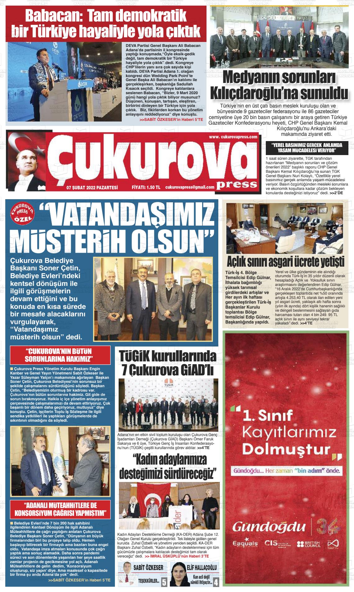 07 Şubat 2022 Çukurova Press Gazete Manşeti