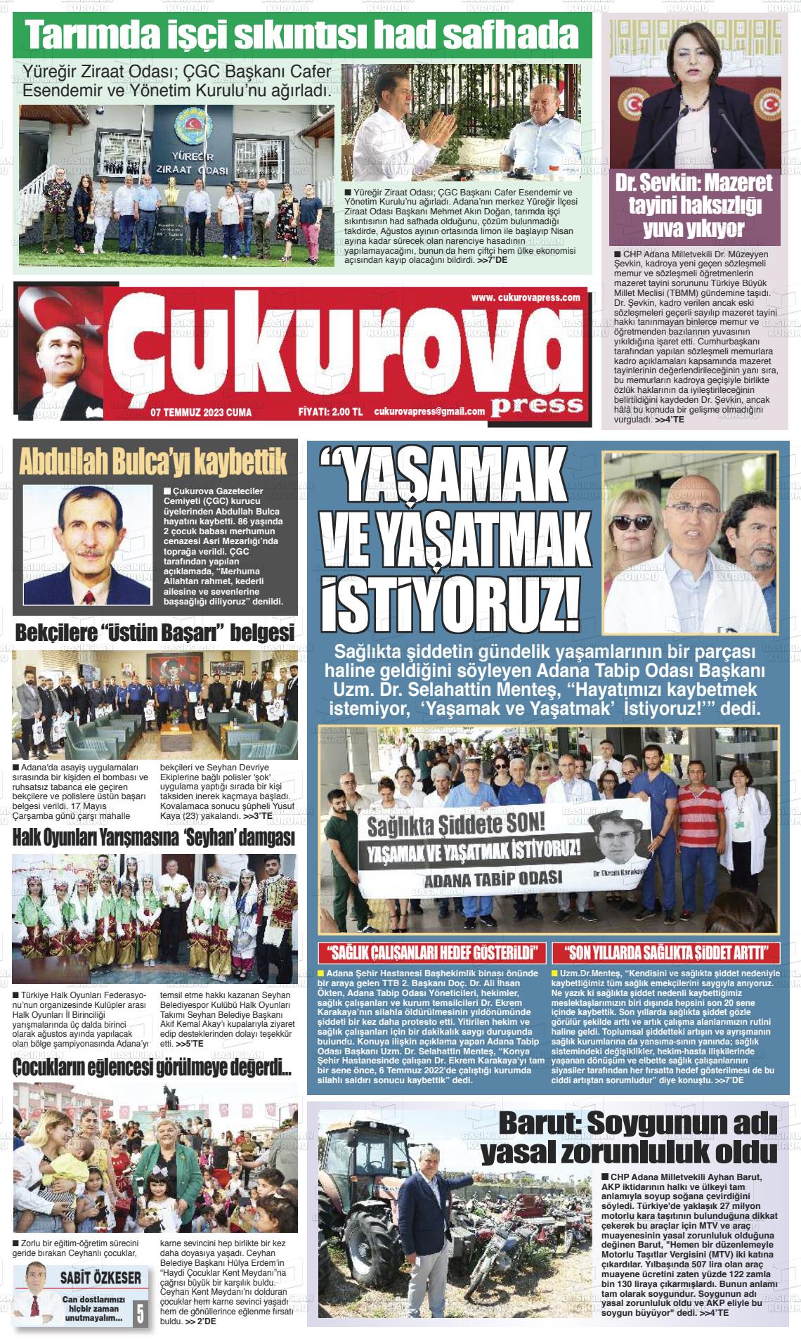 07 Temmuz 2023 Çukurova Press Gazete Manşeti