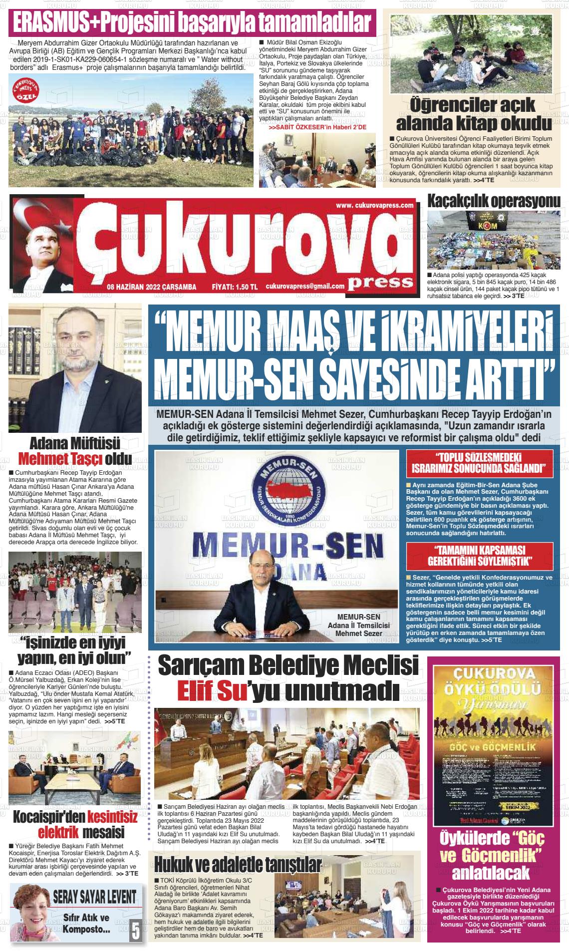 08 Haziran 2022 Çukurova Press Gazete Manşeti