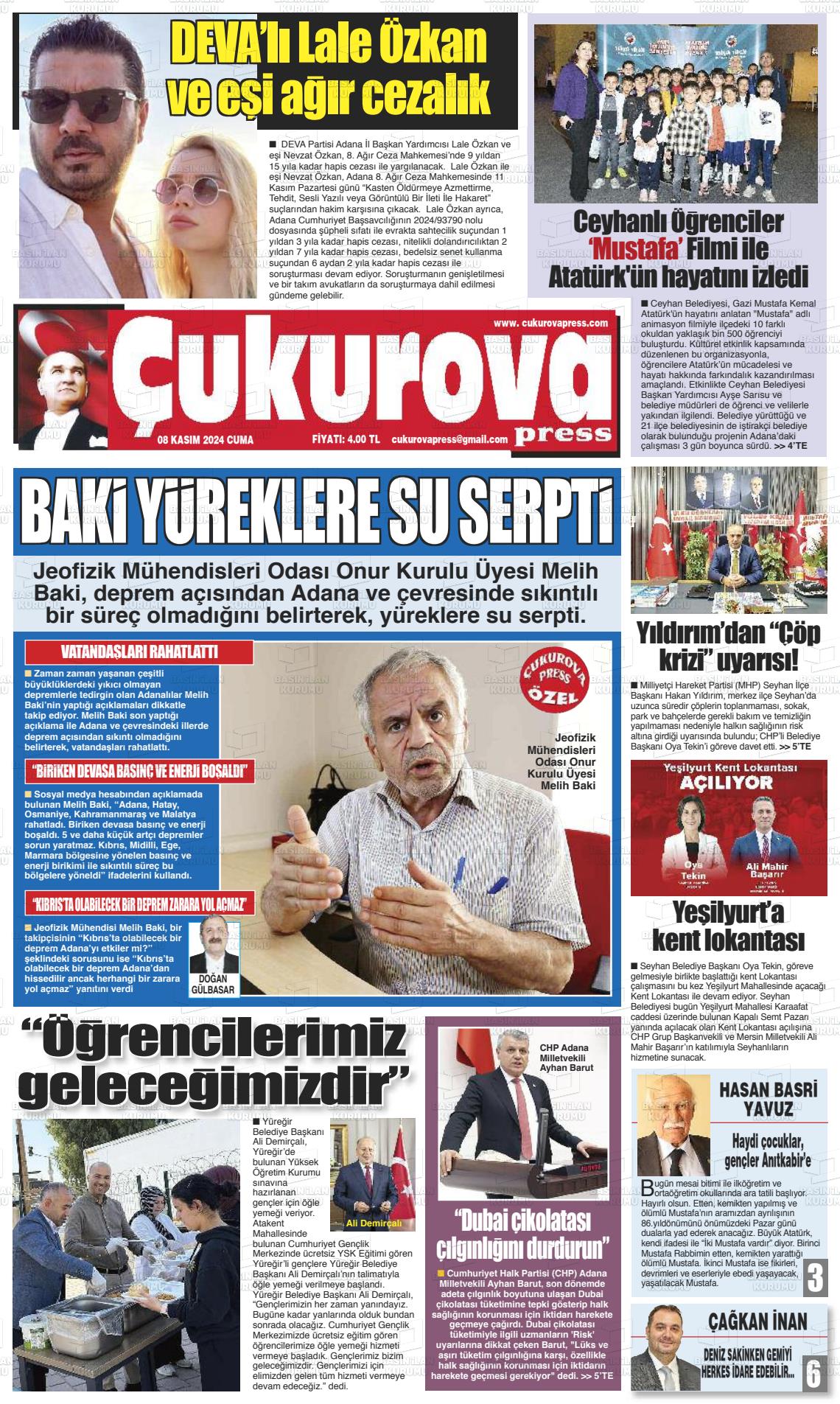 08 Kasım 2024 Çukurova Press Gazete Manşeti