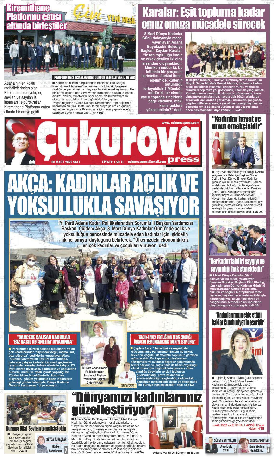 08 Mart 2022 Çukurova Press Gazete Manşeti