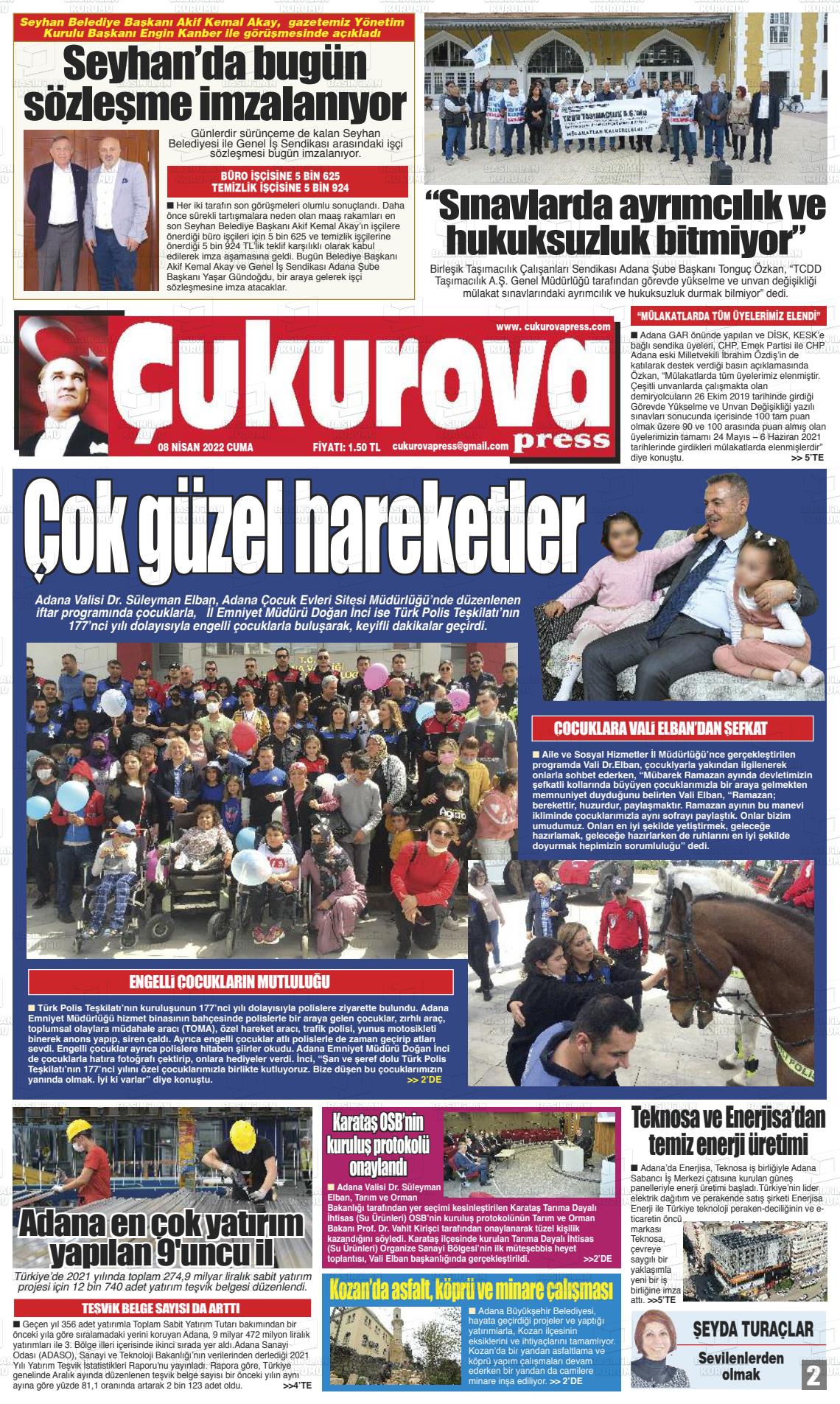 08 Nisan 2022 Çukurova Press Gazete Manşeti