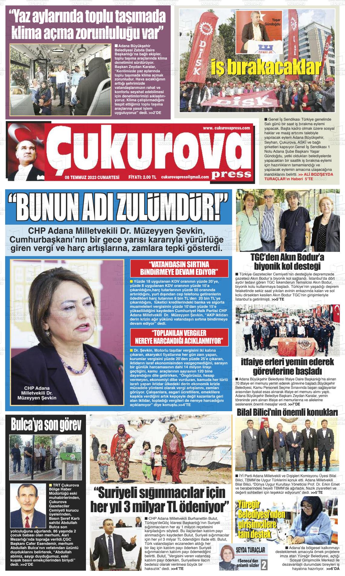 08 Temmuz 2023 Çukurova Press Gazete Manşeti