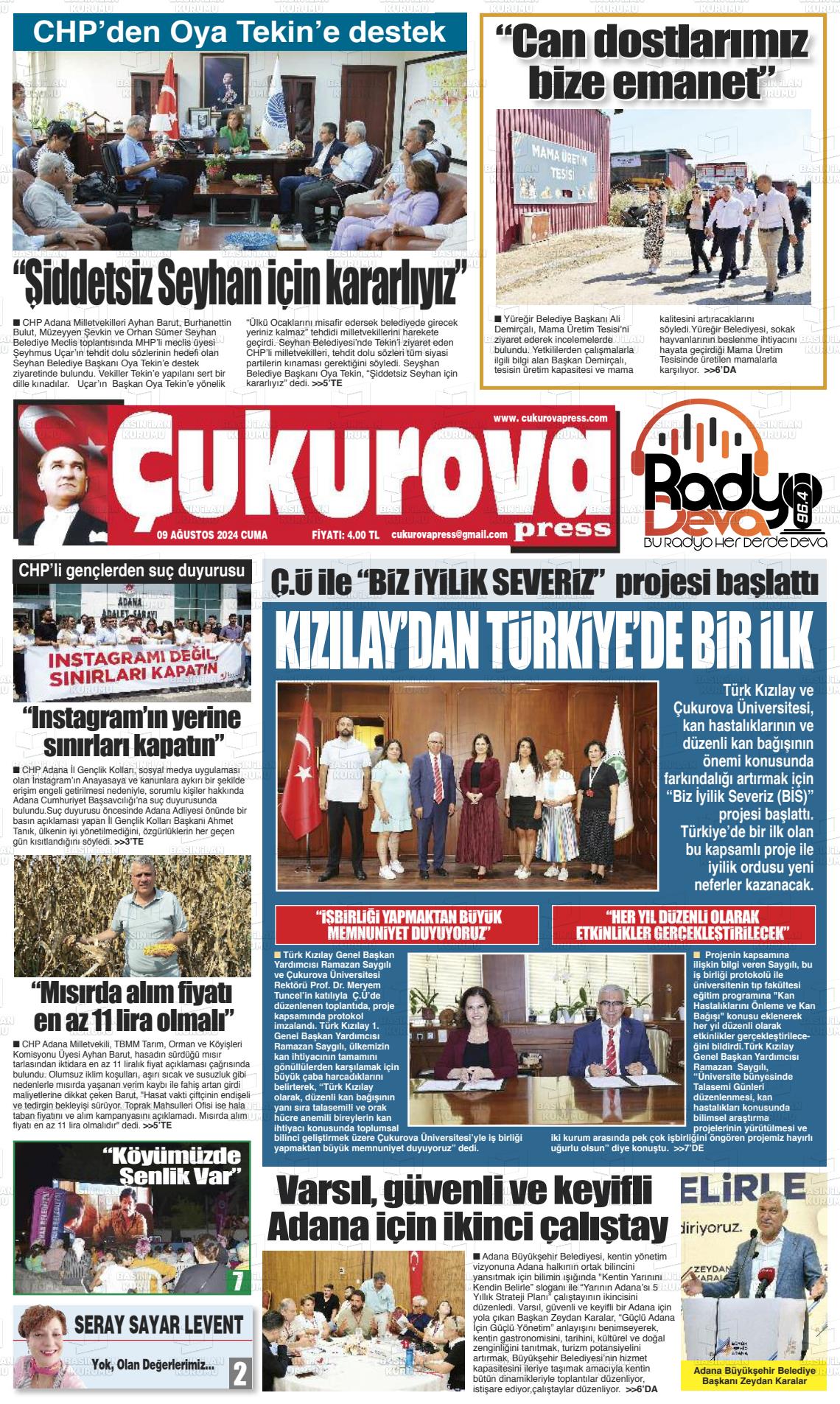 09 Ağustos 2024 Çukurova Press Gazete Manşeti