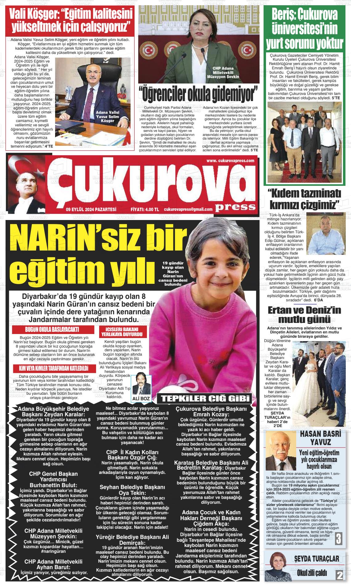 09 Eylül 2024 Çukurova Press Gazete Manşeti