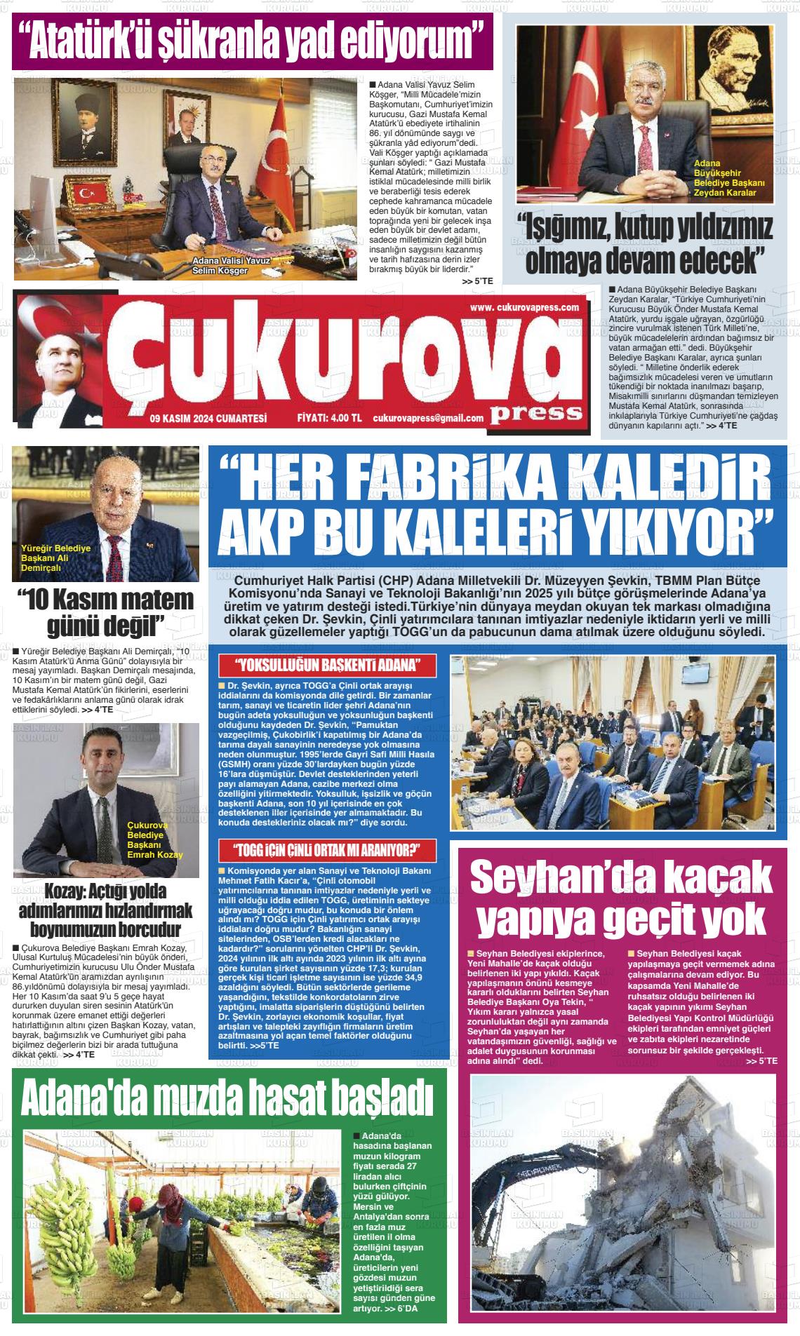 09 Kasım 2024 Çukurova Press Gazete Manşeti