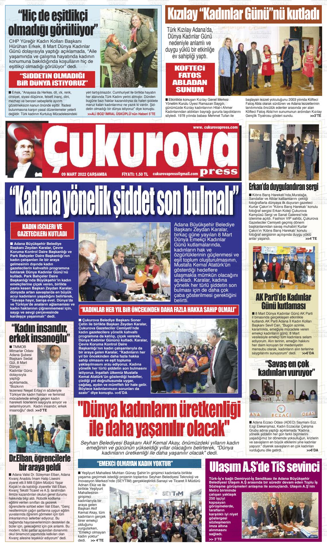 09 Mart 2022 Çukurova Press Gazete Manşeti