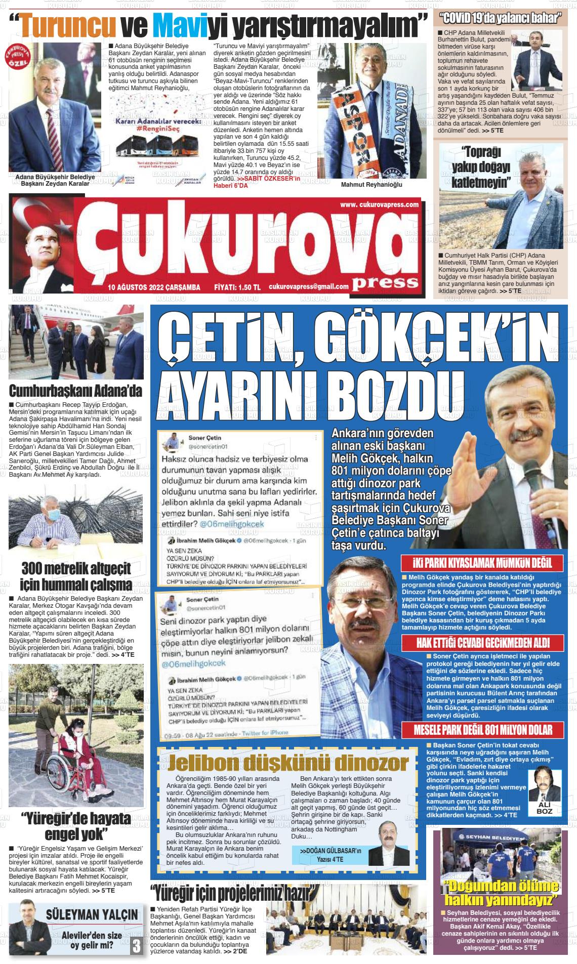 10 Ağustos 2022 Çukurova Press Gazete Manşeti