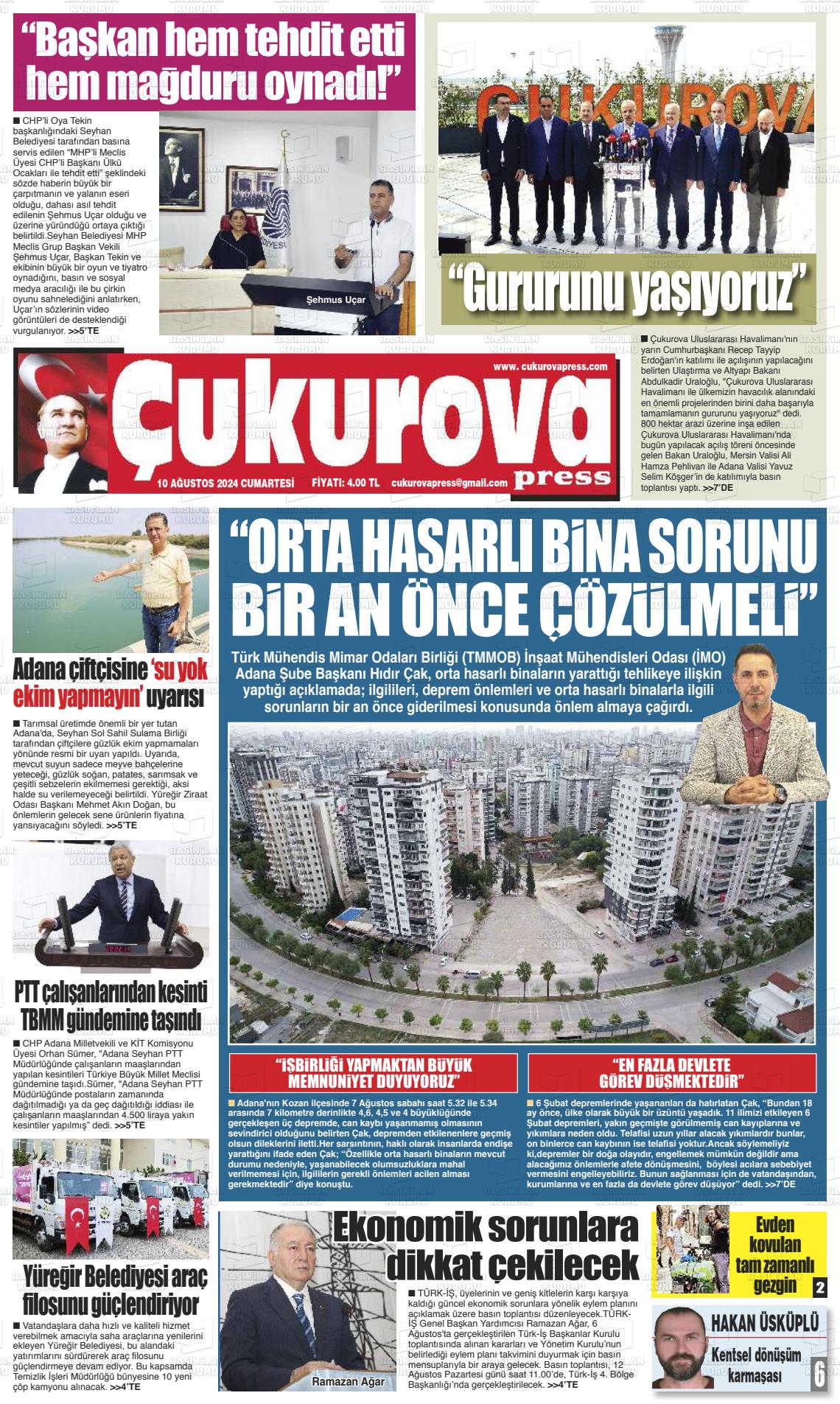 10 Ağustos 2024 Çukurova Press Gazete Manşeti