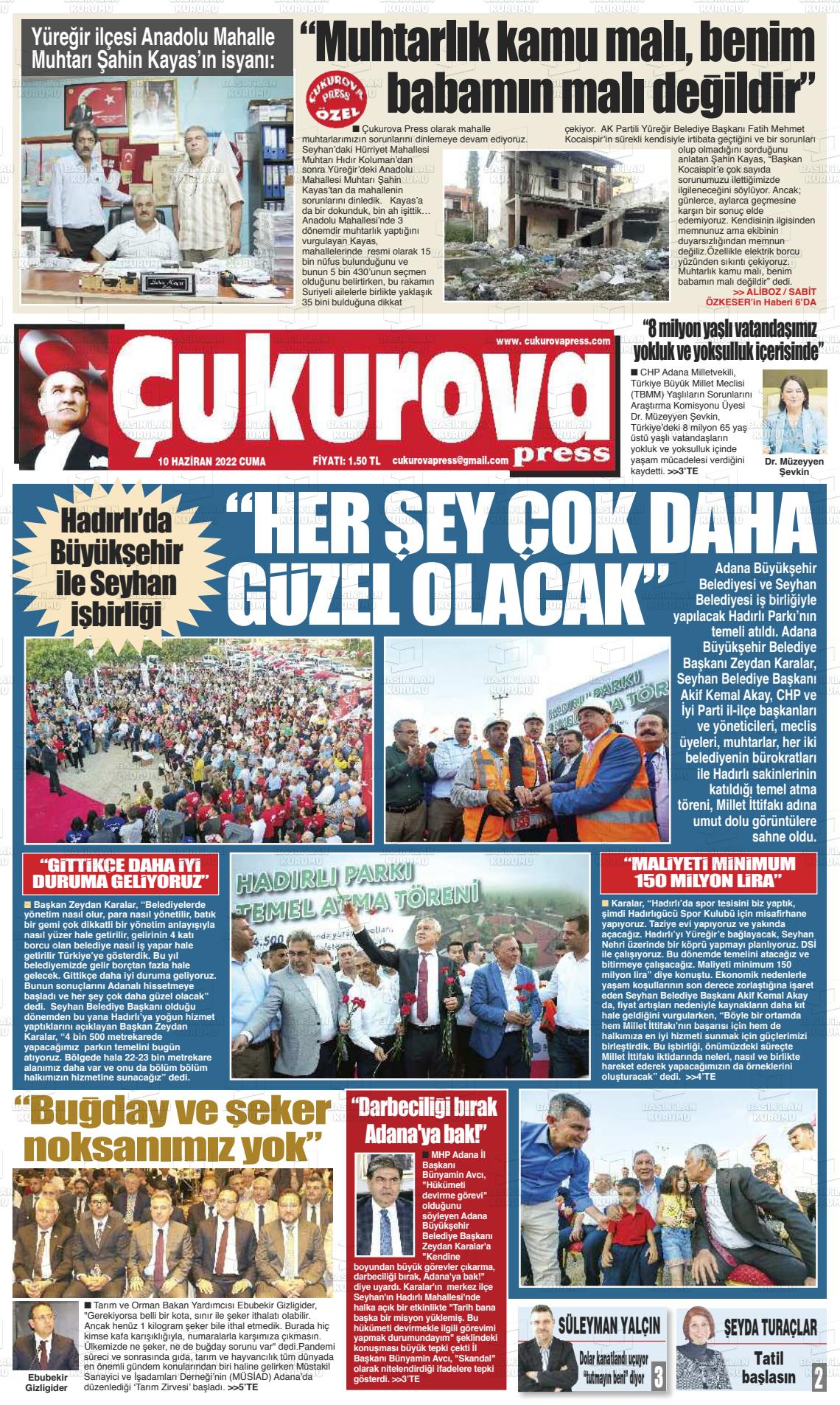 10 Haziran 2022 Çukurova Press Gazete Manşeti