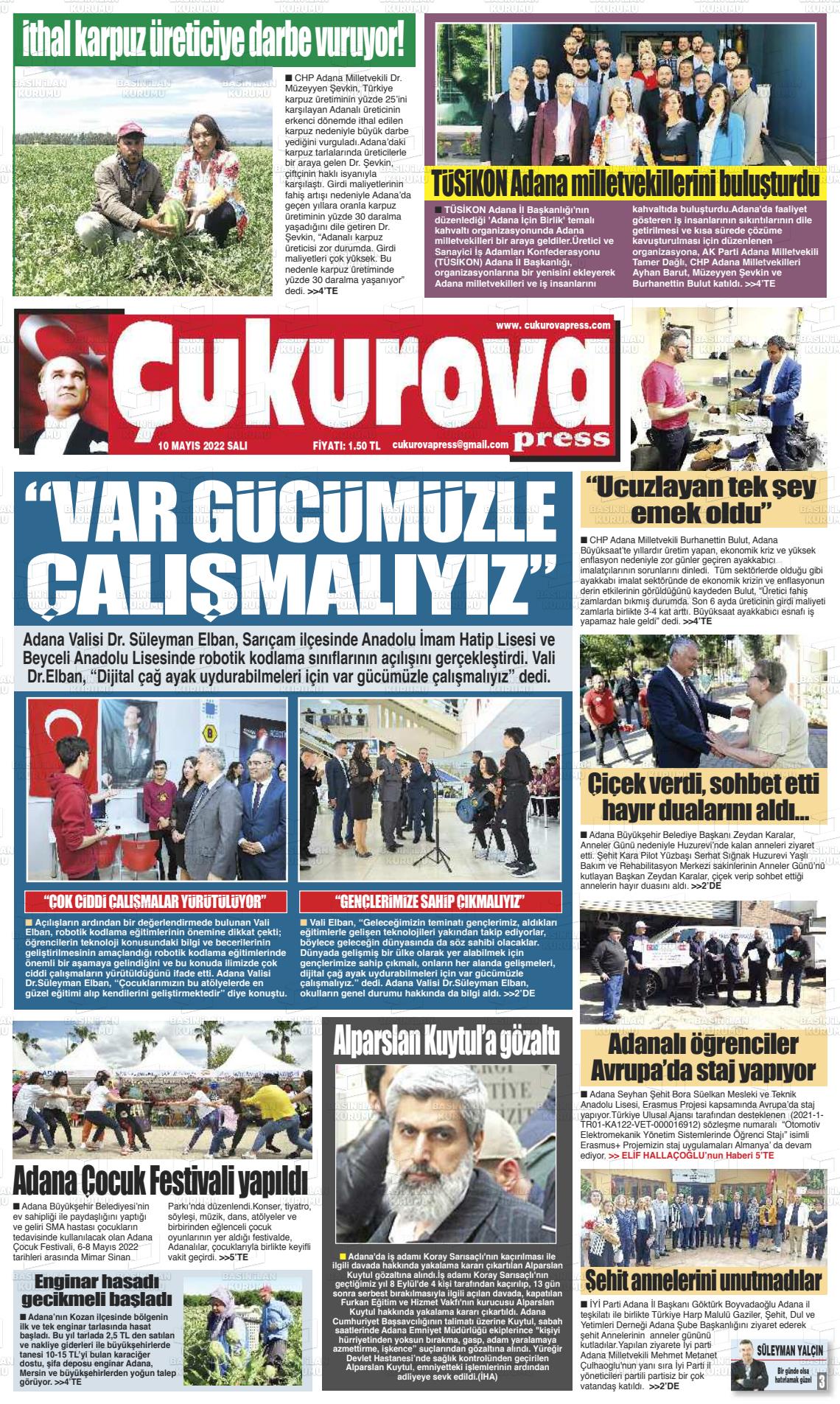 10 Mayıs 2022 Çukurova Press Gazete Manşeti