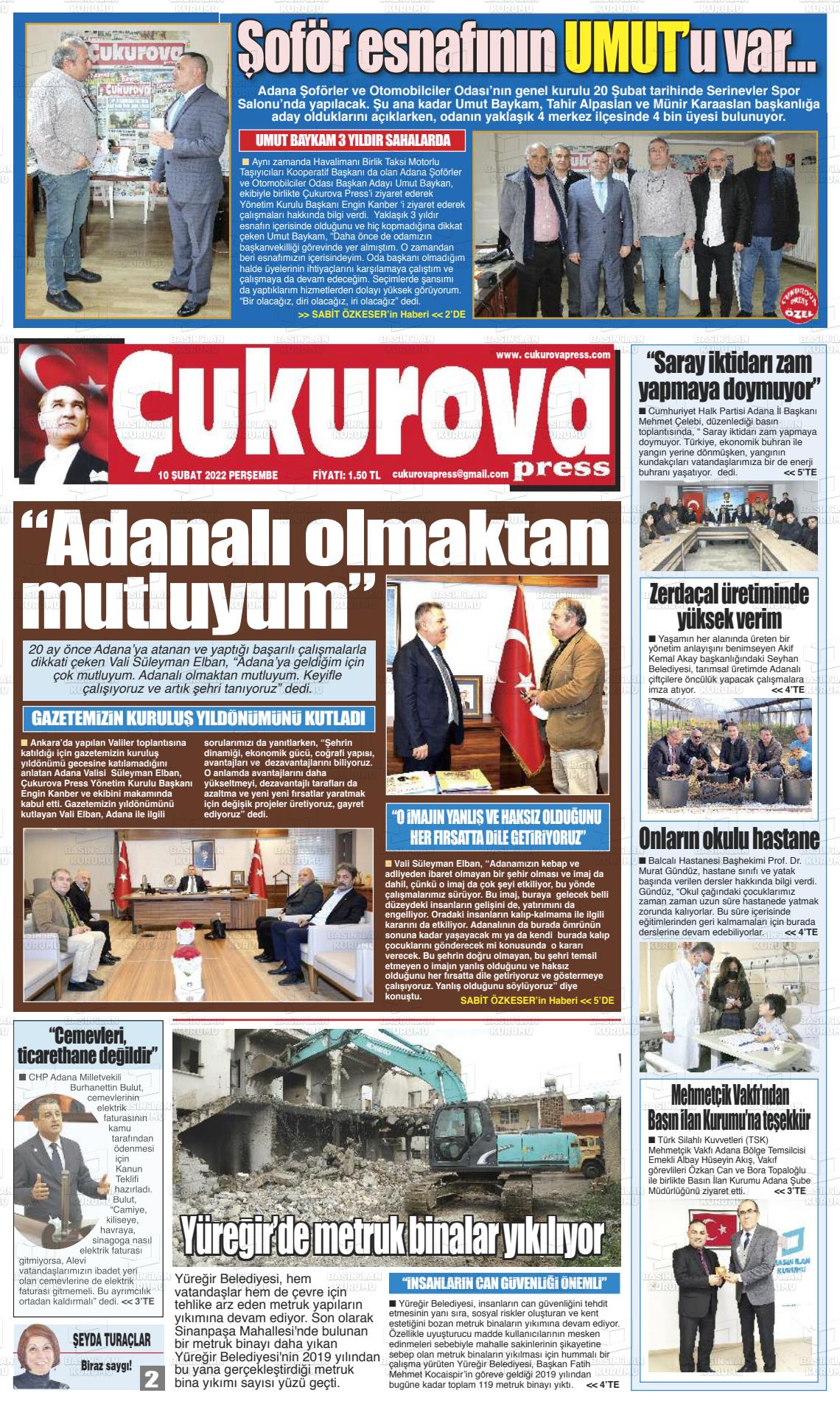 10 Şubat 2022 Çukurova Press Gazete Manşeti