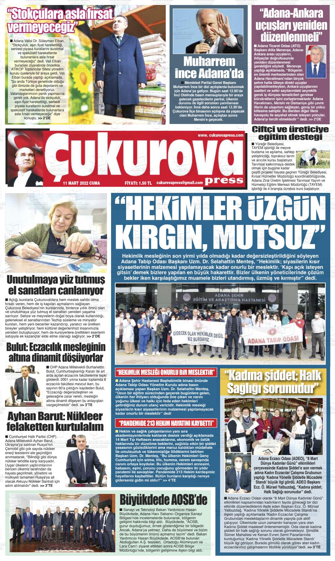 11 Mart 2022 Çukurova Press Gazete Manşeti