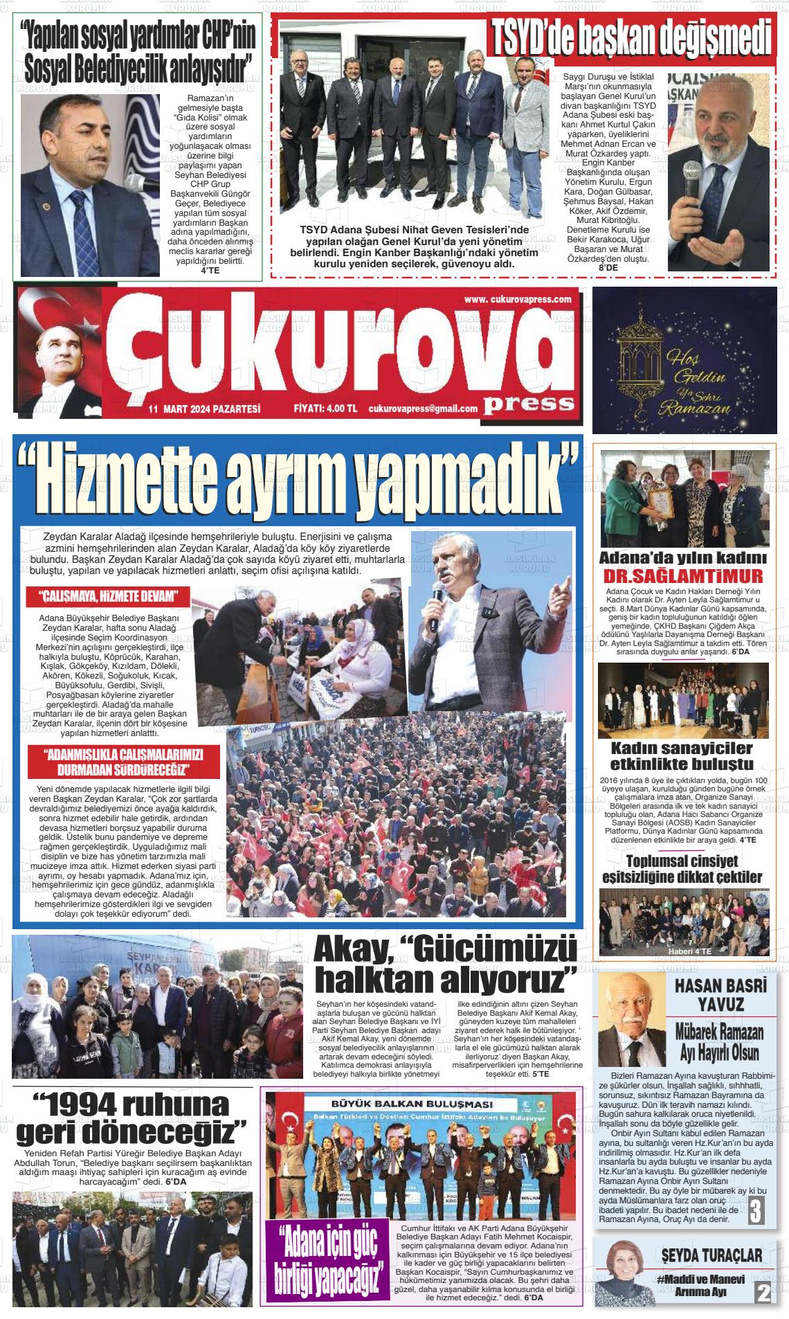 11 Mart 2024 Çukurova Press Gazete Manşeti