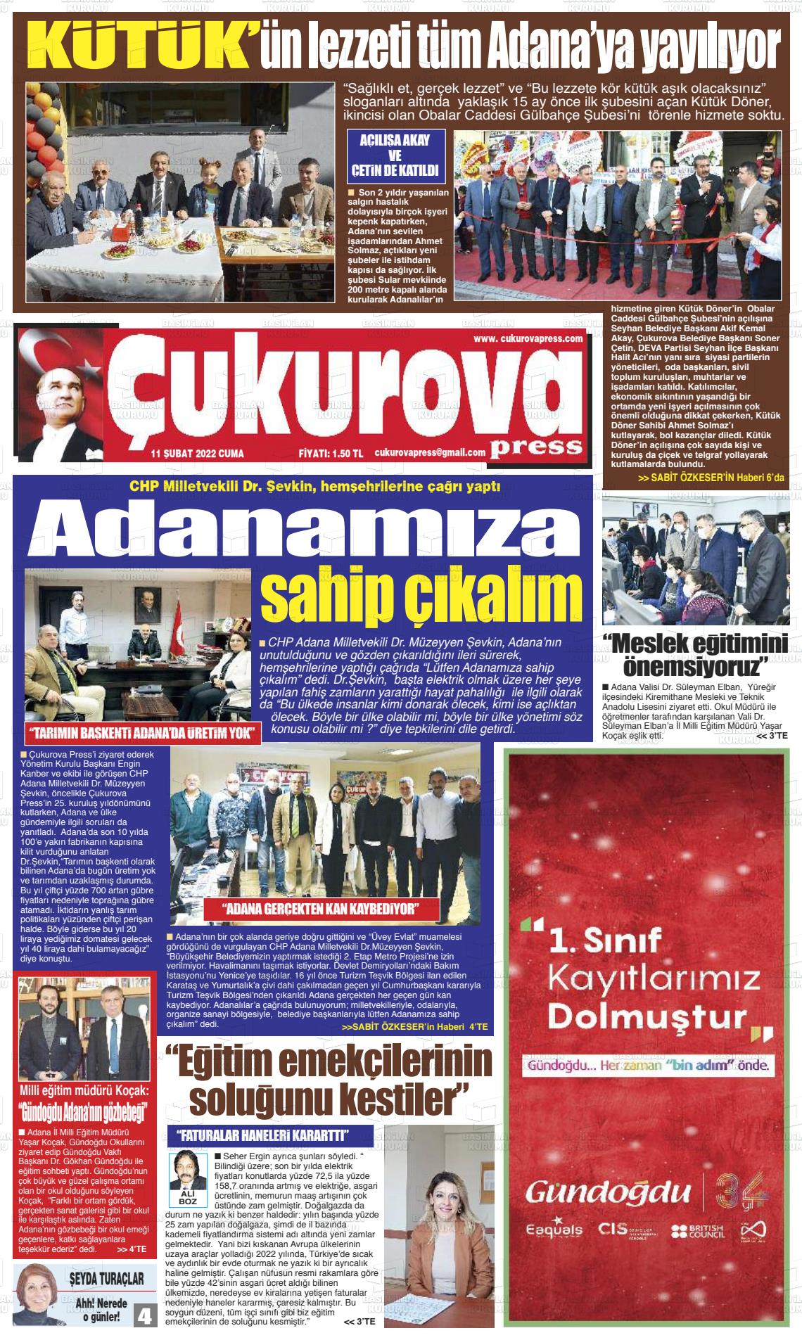 11 Şubat 2022 Çukurova Press Gazete Manşeti