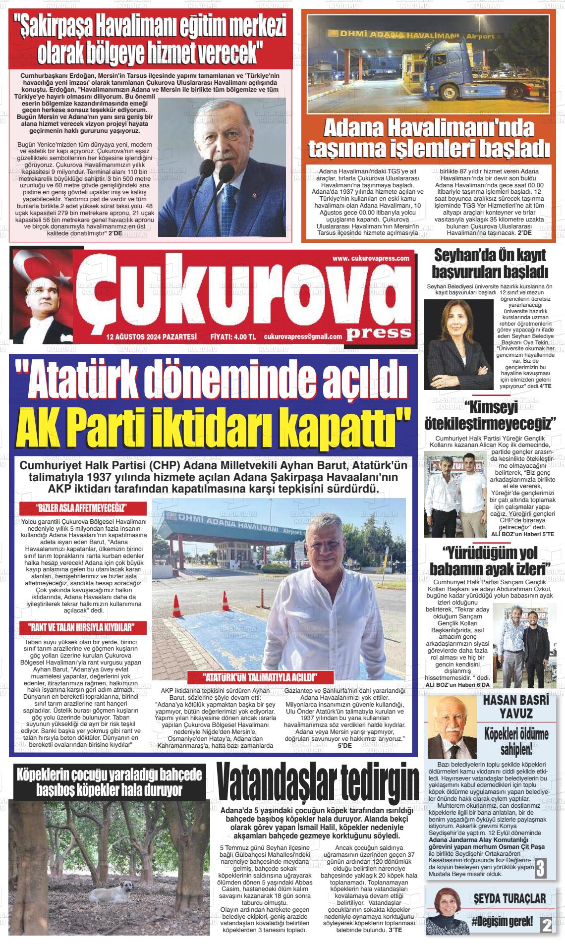 12 Ağustos 2024 Çukurova Press Gazete Manşeti