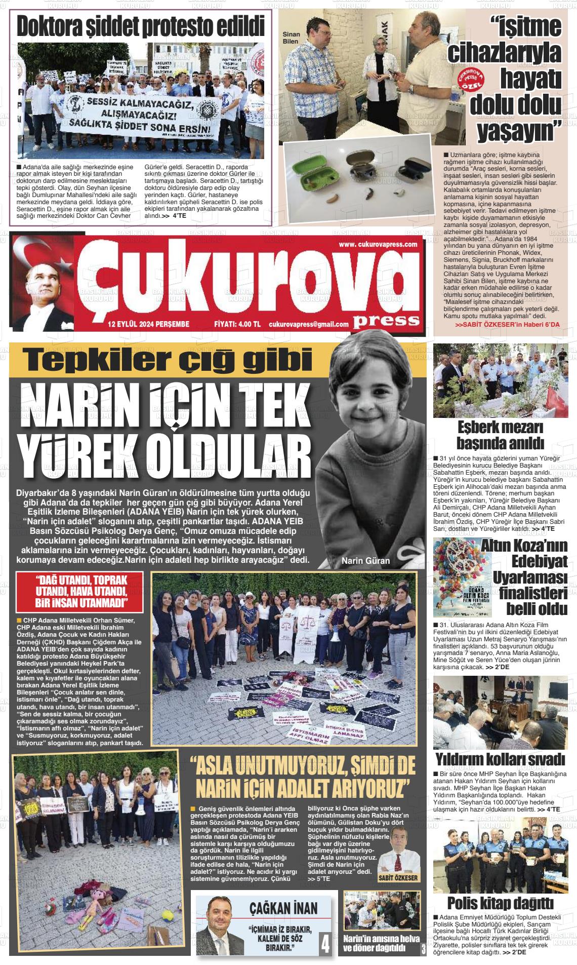 12 Eylül 2024 Çukurova Press Gazete Manşeti