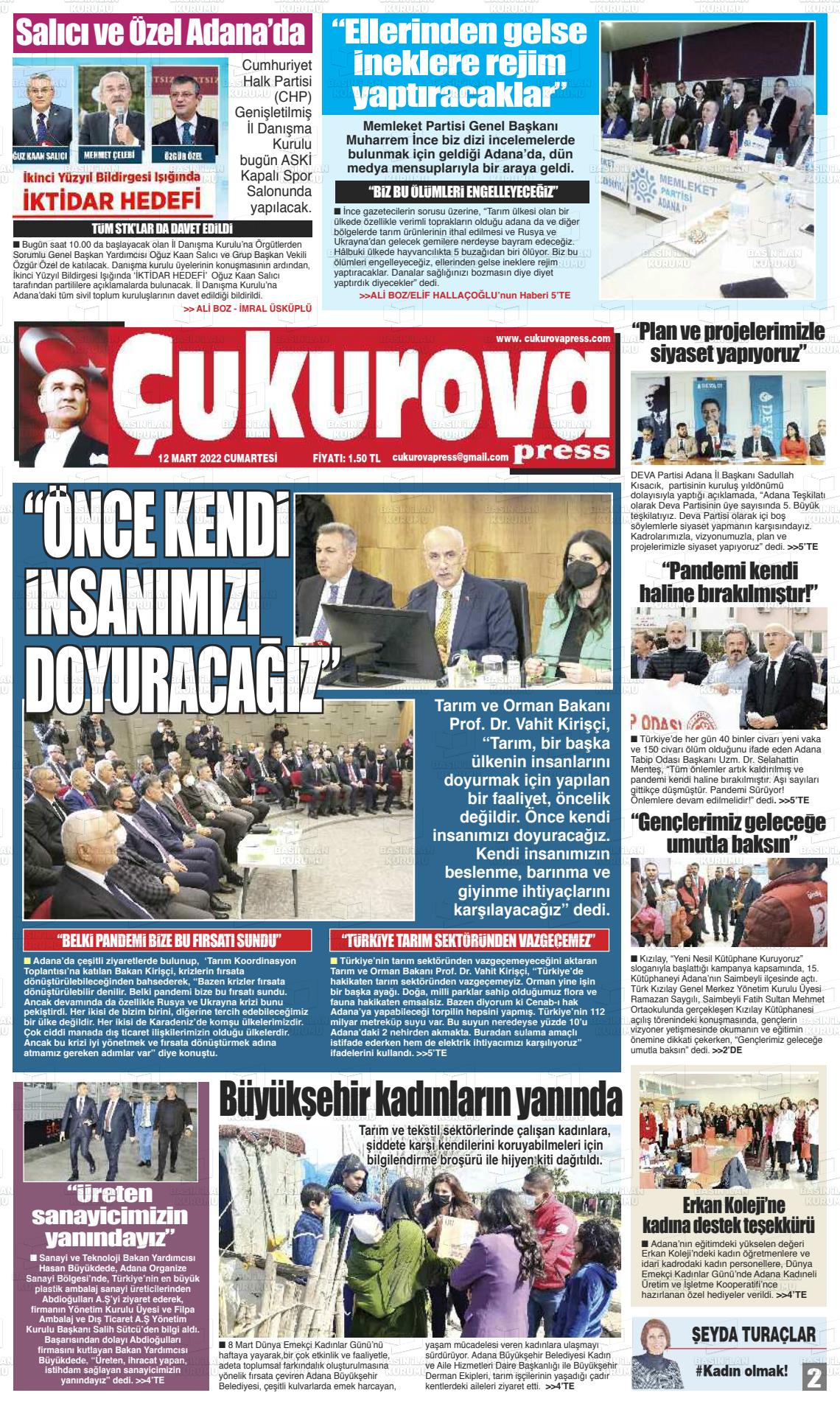 12 Mart 2022 Çukurova Press Gazete Manşeti