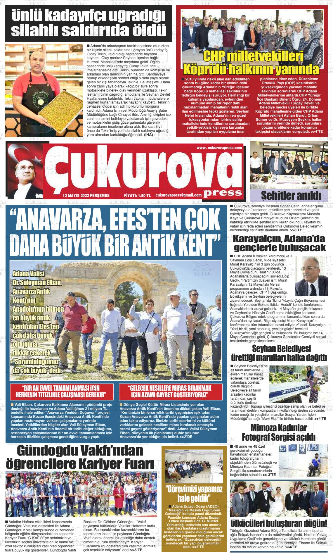 12 Mayıs 2022 Çukurova Press Gazete Manşeti