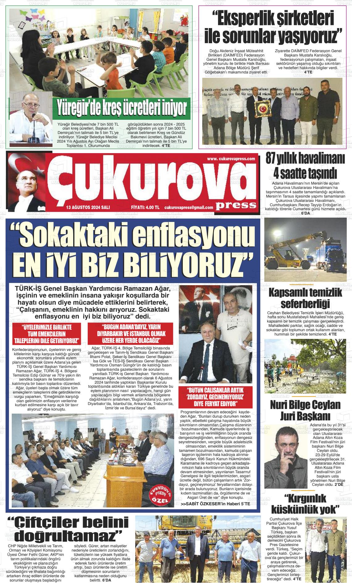 13 Ağustos 2024 Çukurova Press Gazete Manşeti