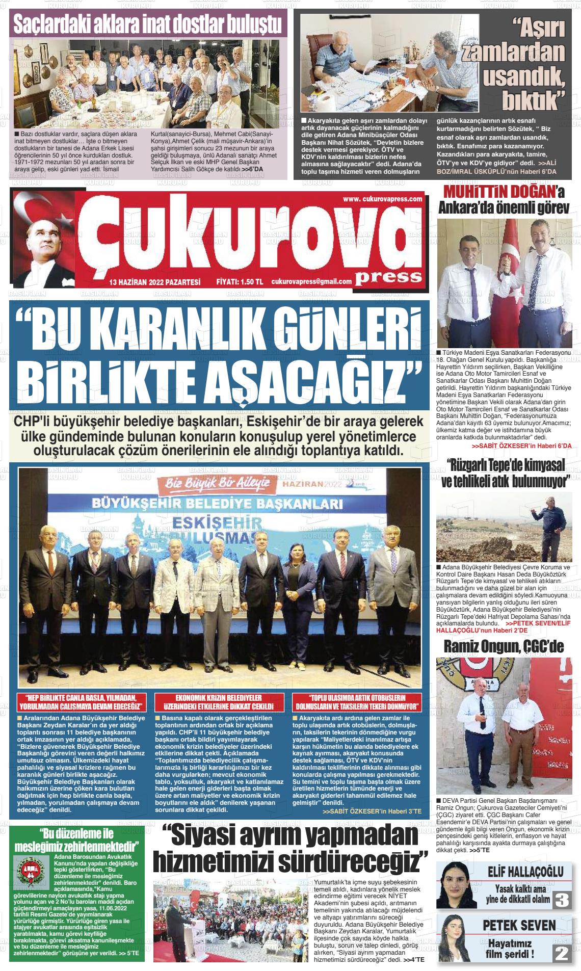 13 Haziran 2022 Çukurova Press Gazete Manşeti