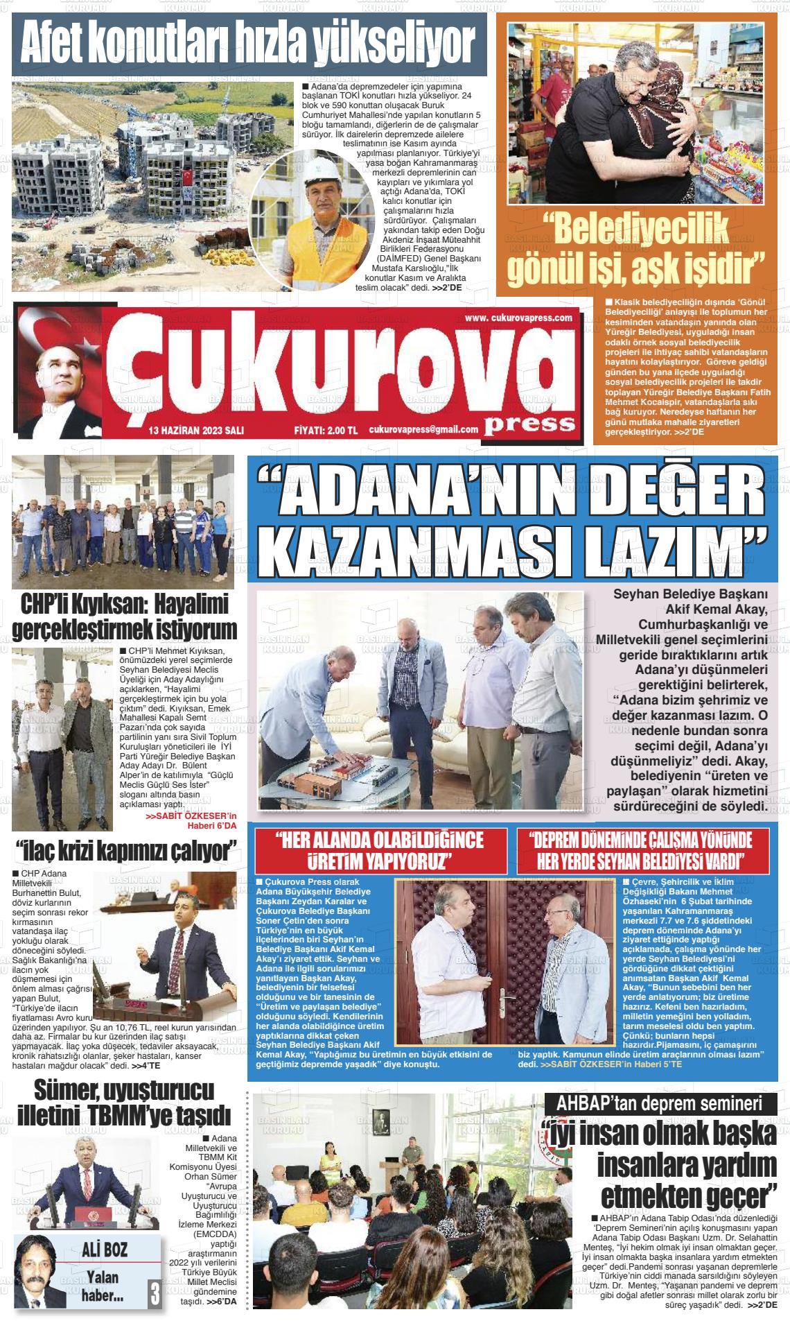 13 Haziran 2023 Çukurova Press Gazete Manşeti