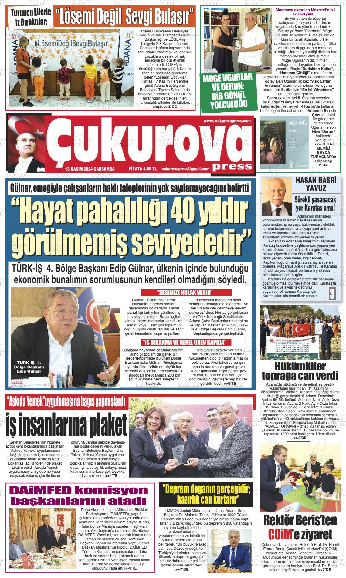 13 Kasım 2024 Çukurova Press Gazete Manşeti