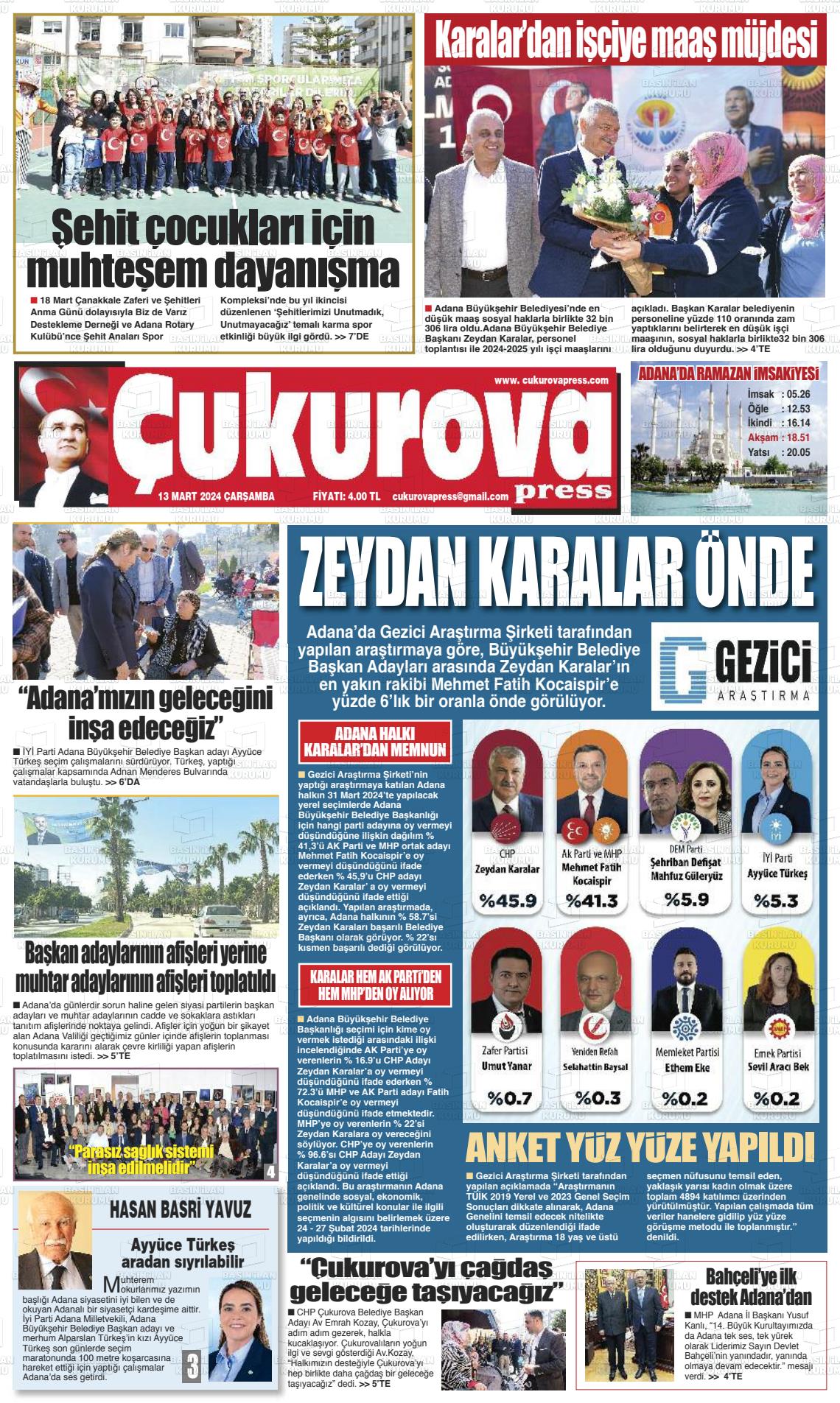 13 Mart 2024 Çukurova Press Gazete Manşeti