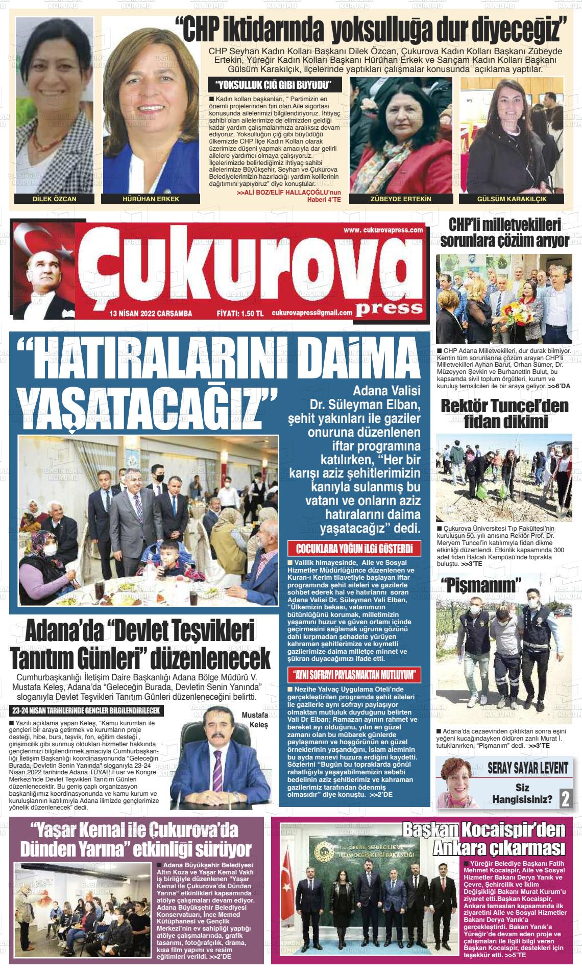 13 Nisan 2022 Çukurova Press Gazete Manşeti