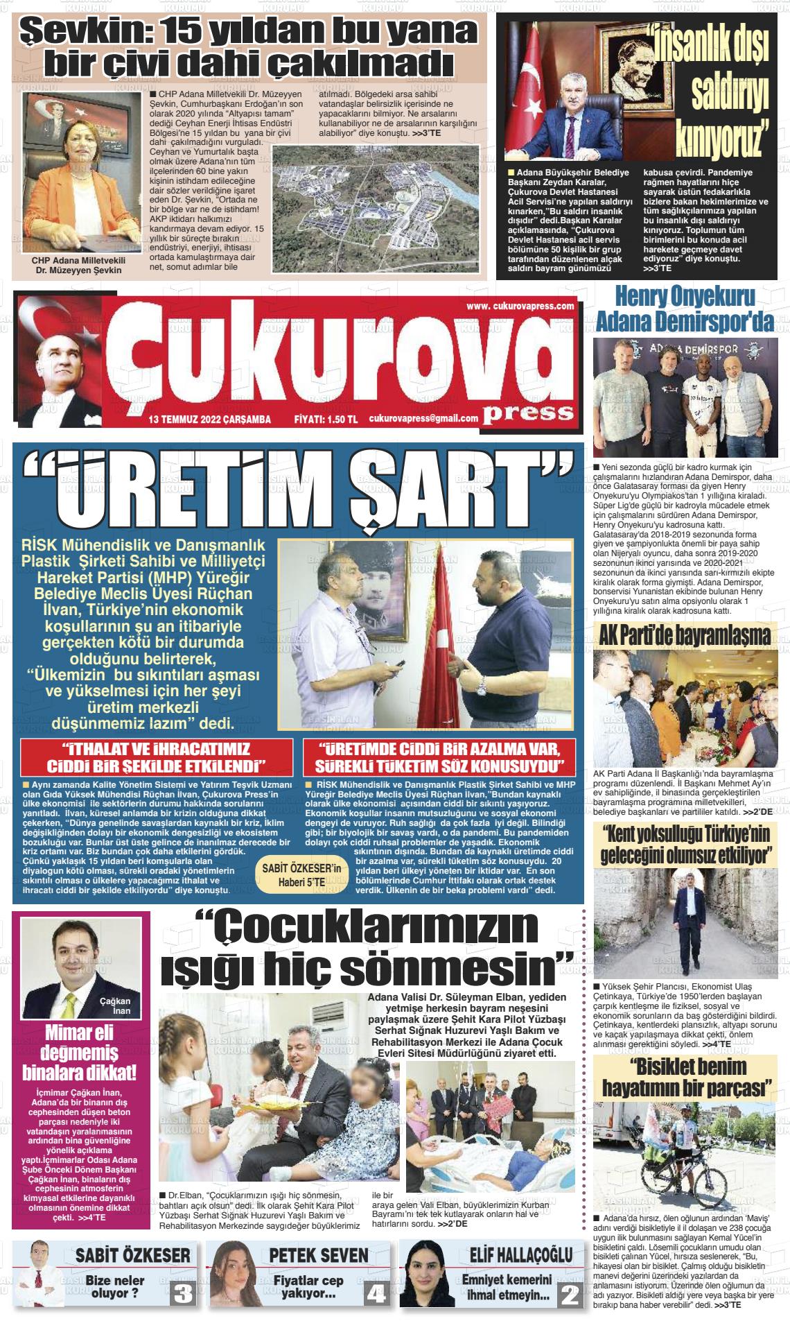 13 Temmuz 2022 Çukurova Press Gazete Manşeti