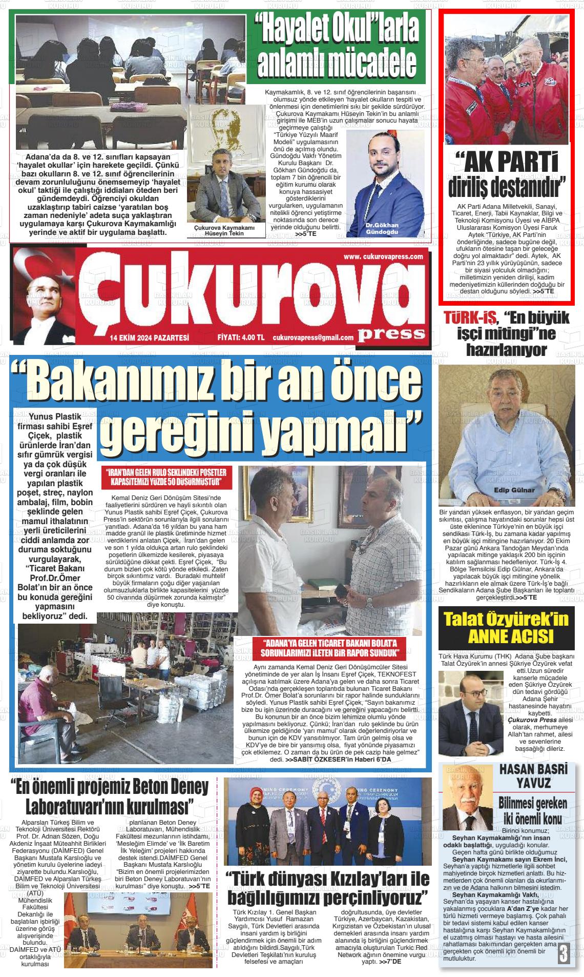 14 Ekim 2024 Çukurova Press Gazete Manşeti