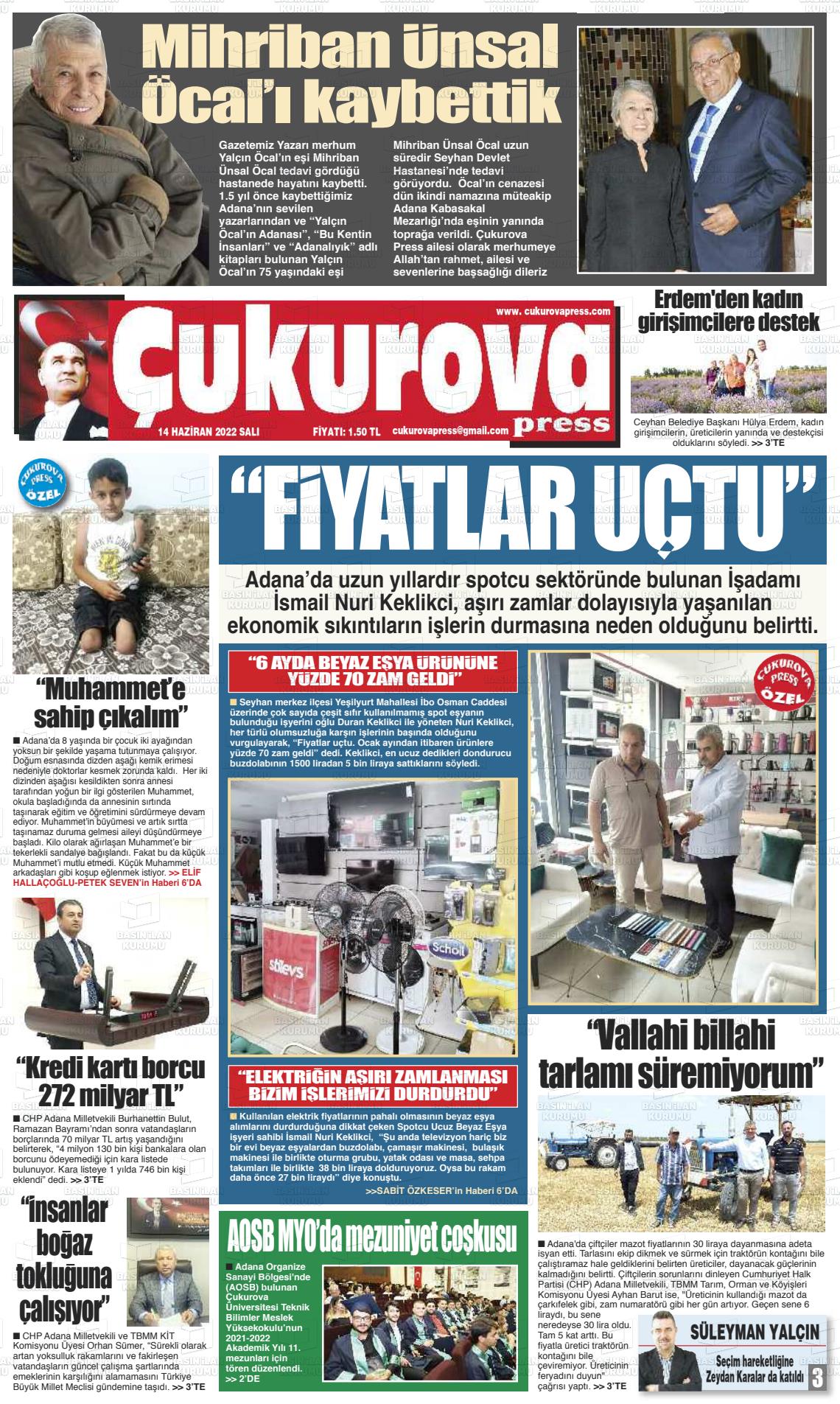 14 Haziran 2022 Çukurova Press Gazete Manşeti