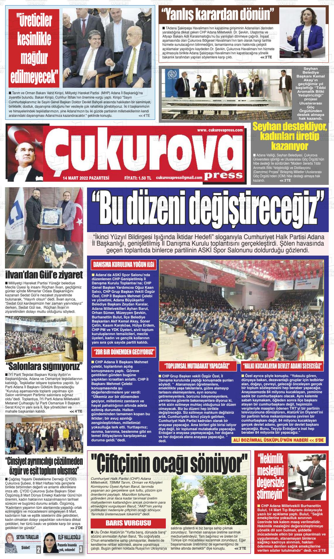 14 Mart 2022 Çukurova Press Gazete Manşeti