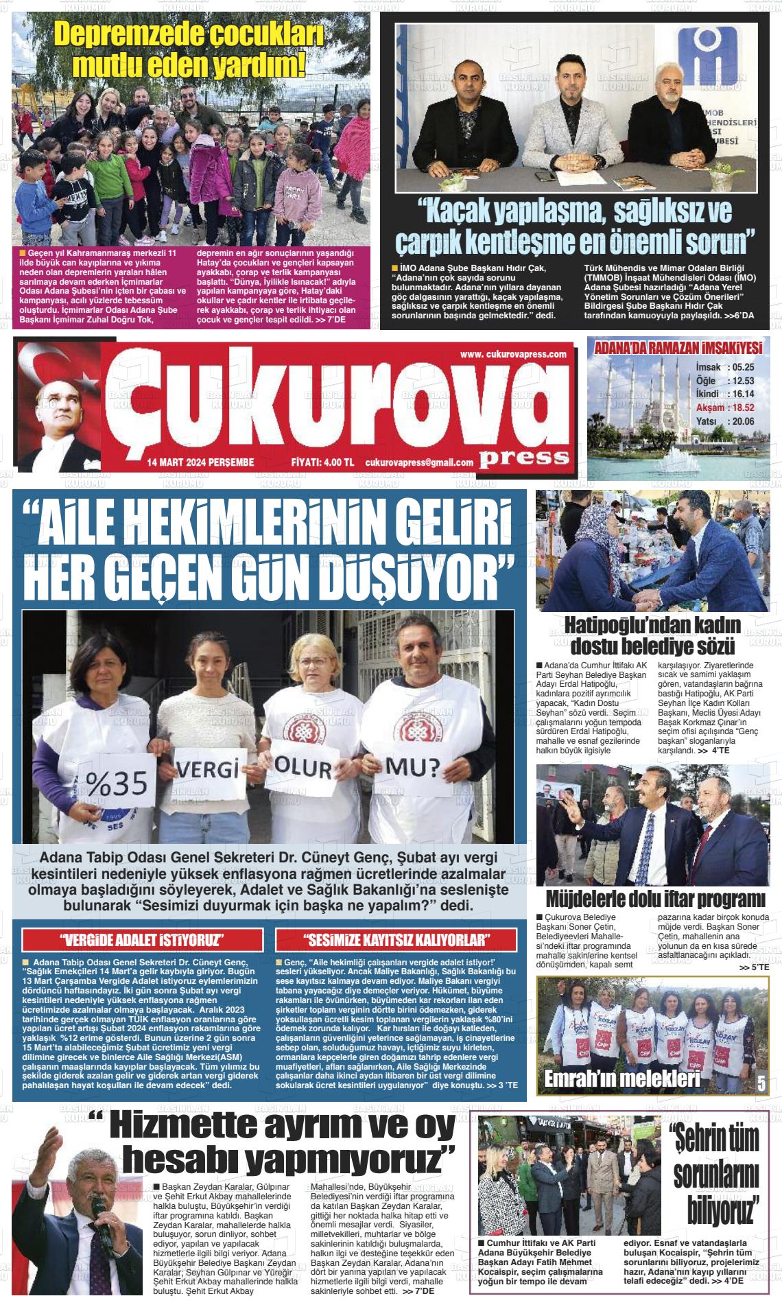 14 Mart 2024 Çukurova Press Gazete Manşeti