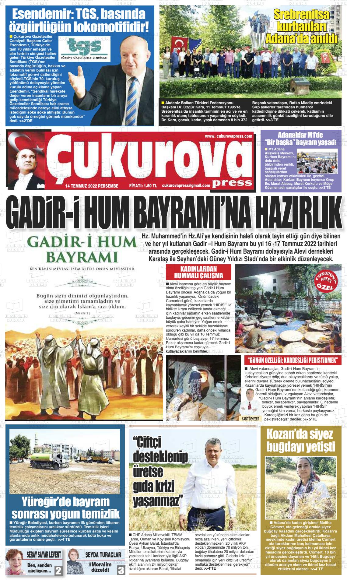 14 Temmuz 2022 Çukurova Press Gazete Manşeti