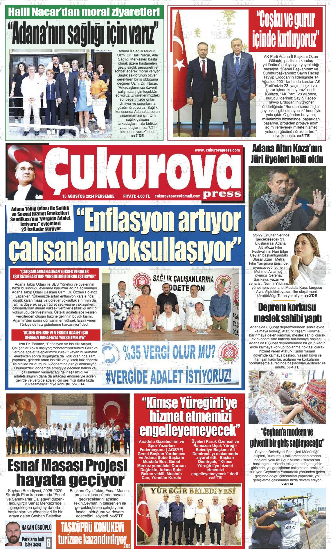 15 Ağustos 2024 Çukurova Press Gazete Manşeti