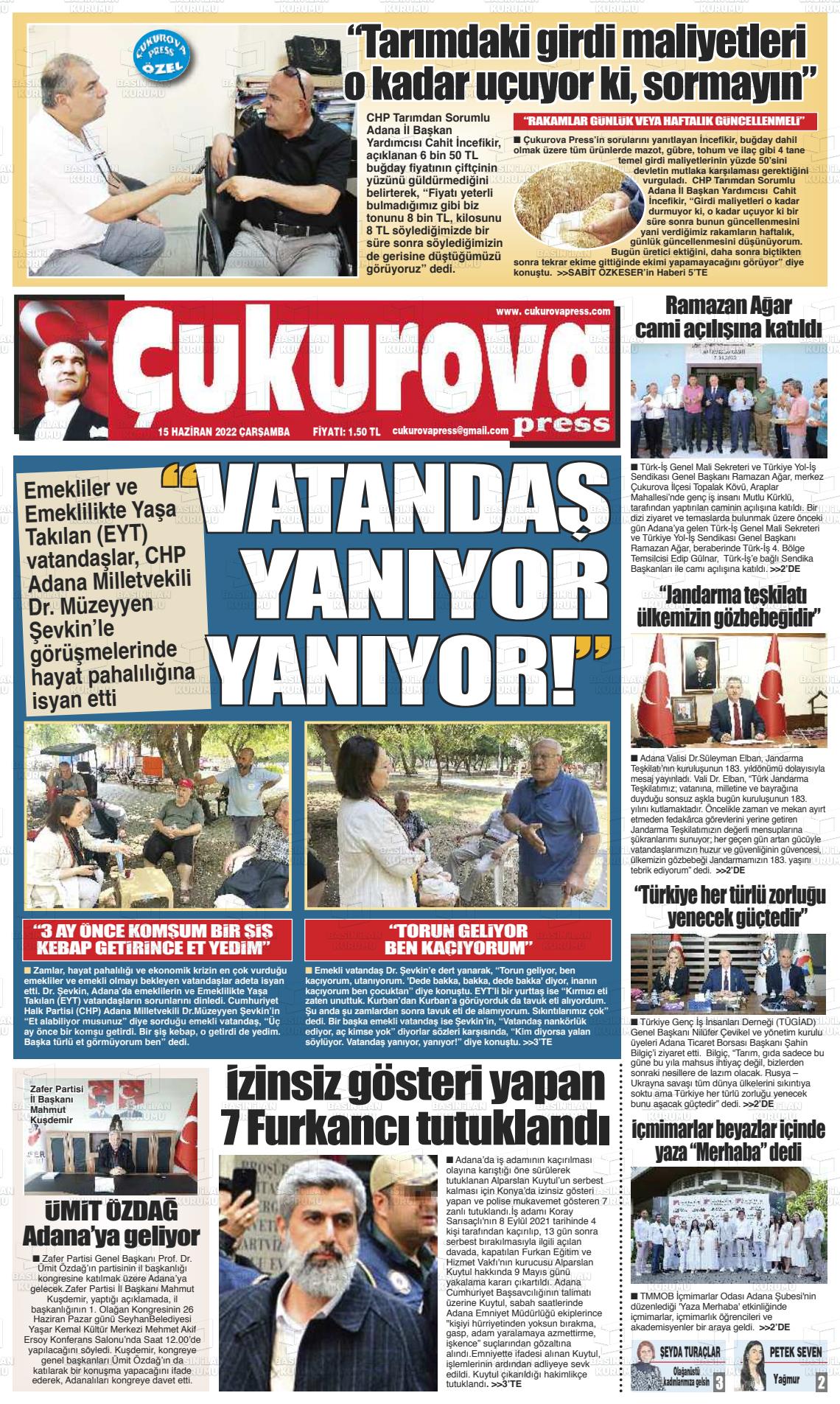 15 Haziran 2022 Çukurova Press Gazete Manşeti