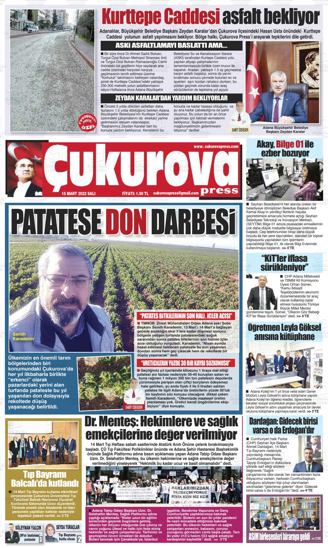 15 Mart 2022 Çukurova Press Gazete Manşeti