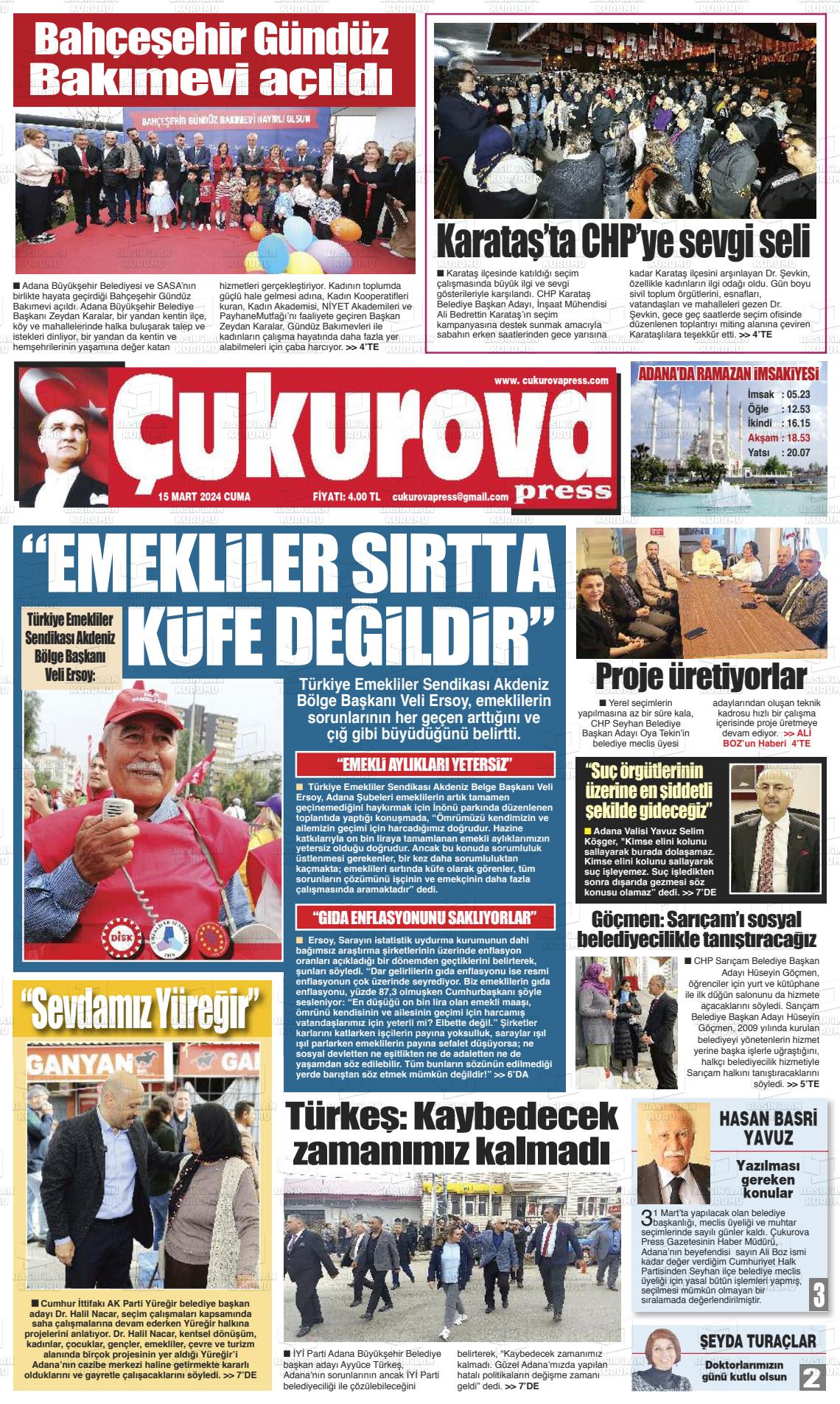 15 Mart 2024 Çukurova Press Gazete Manşeti