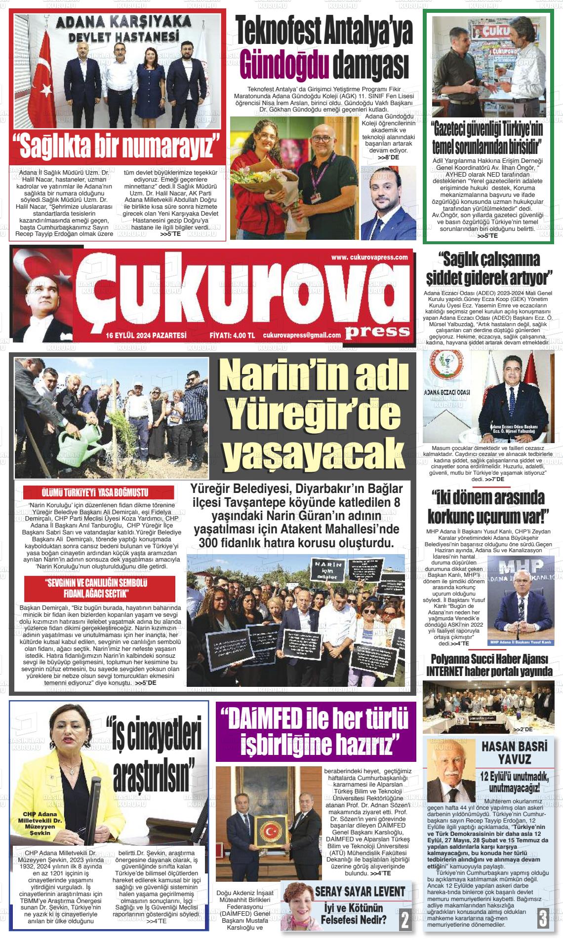 16 Eylül 2024 Çukurova Press Gazete Manşeti