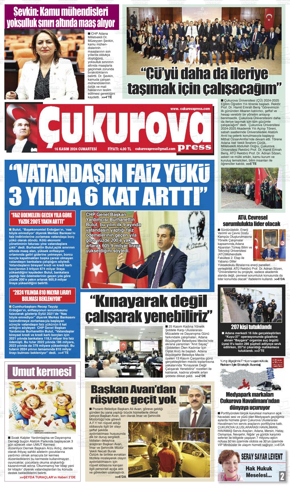 16 Kasım 2024 Çukurova Press Gazete Manşeti